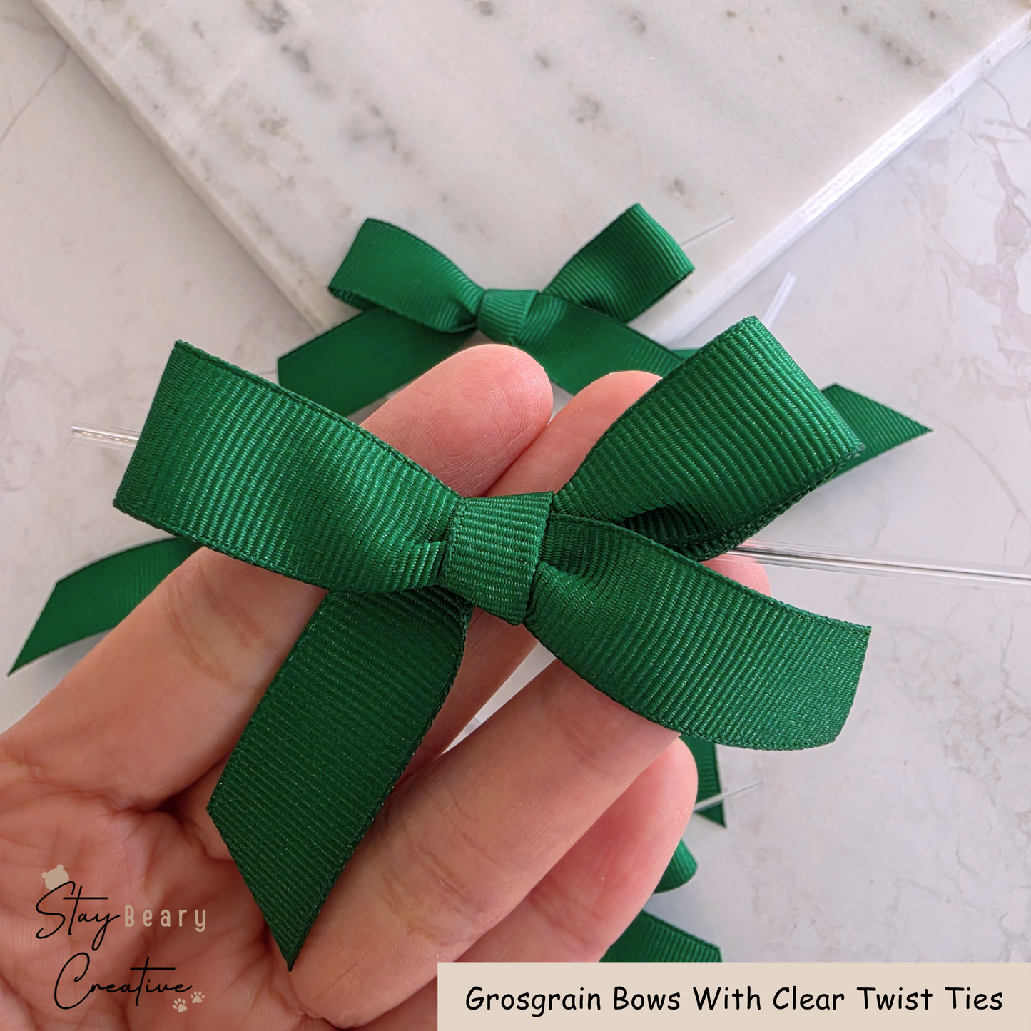 Green Grosgrain Bows With Clear Twist Ties - Pack of 25