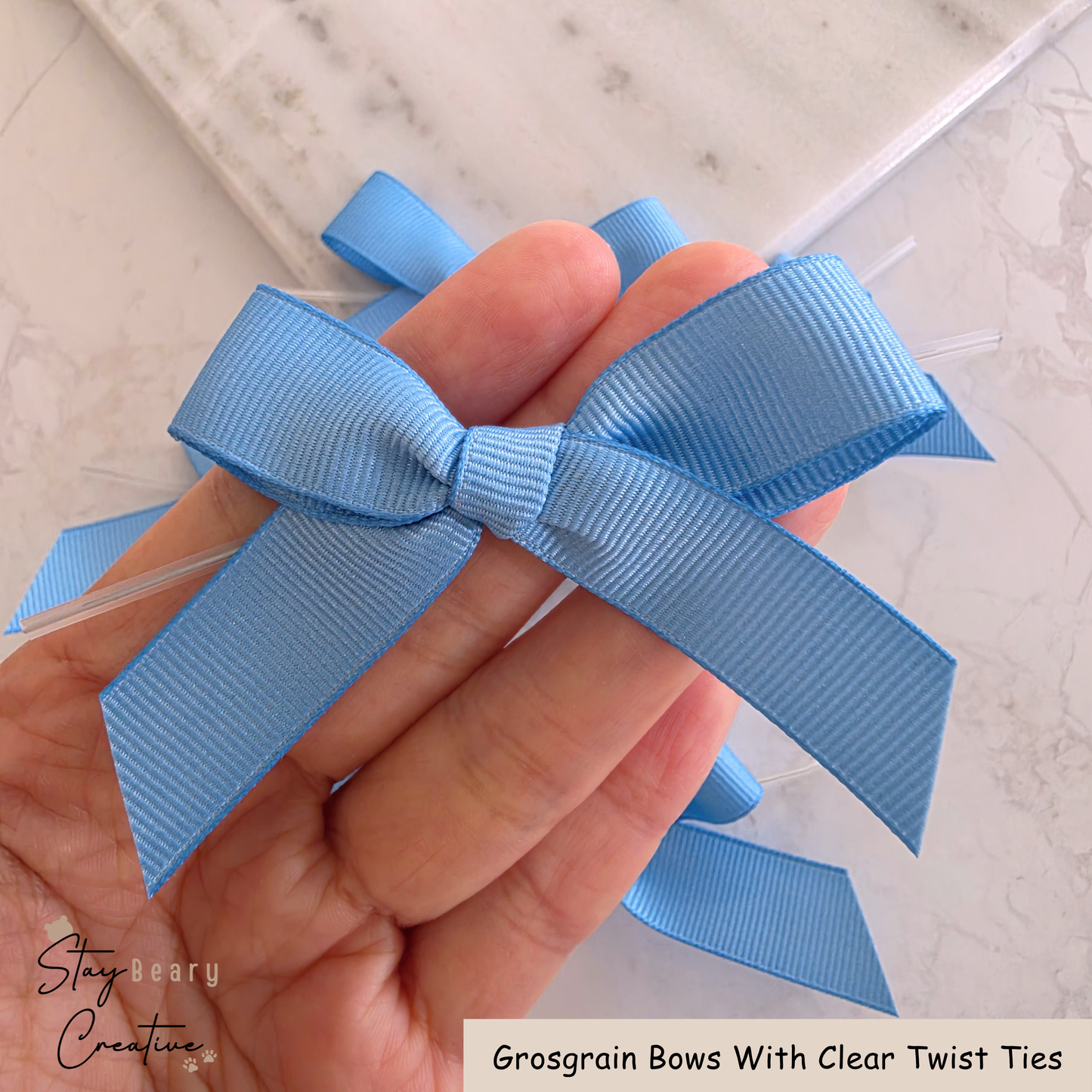 Light Blue Grosgrain Bows With Clear Twist Ties - Pack of 25