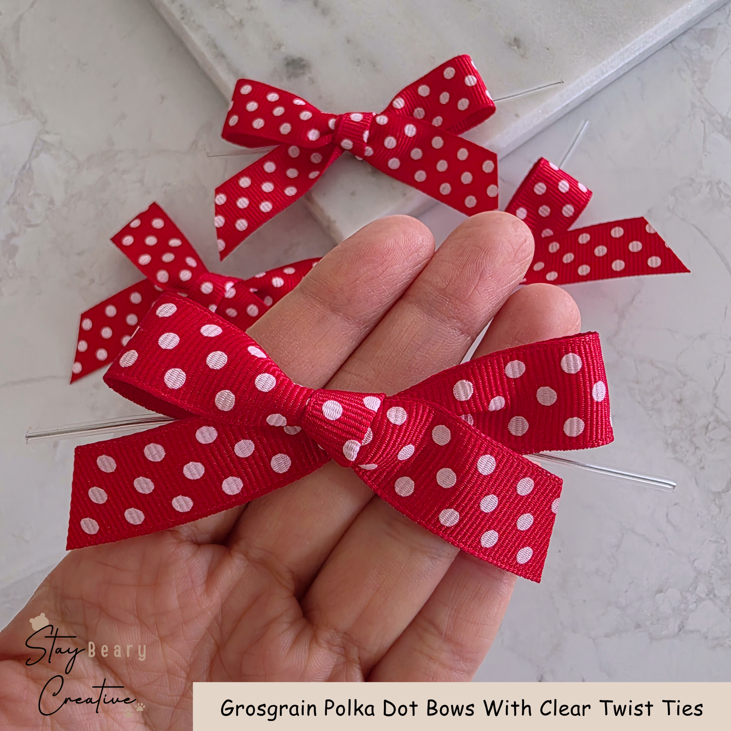 Red Grosgrain Polka Dot Bows With Clear Twist Ties - Pack of 25