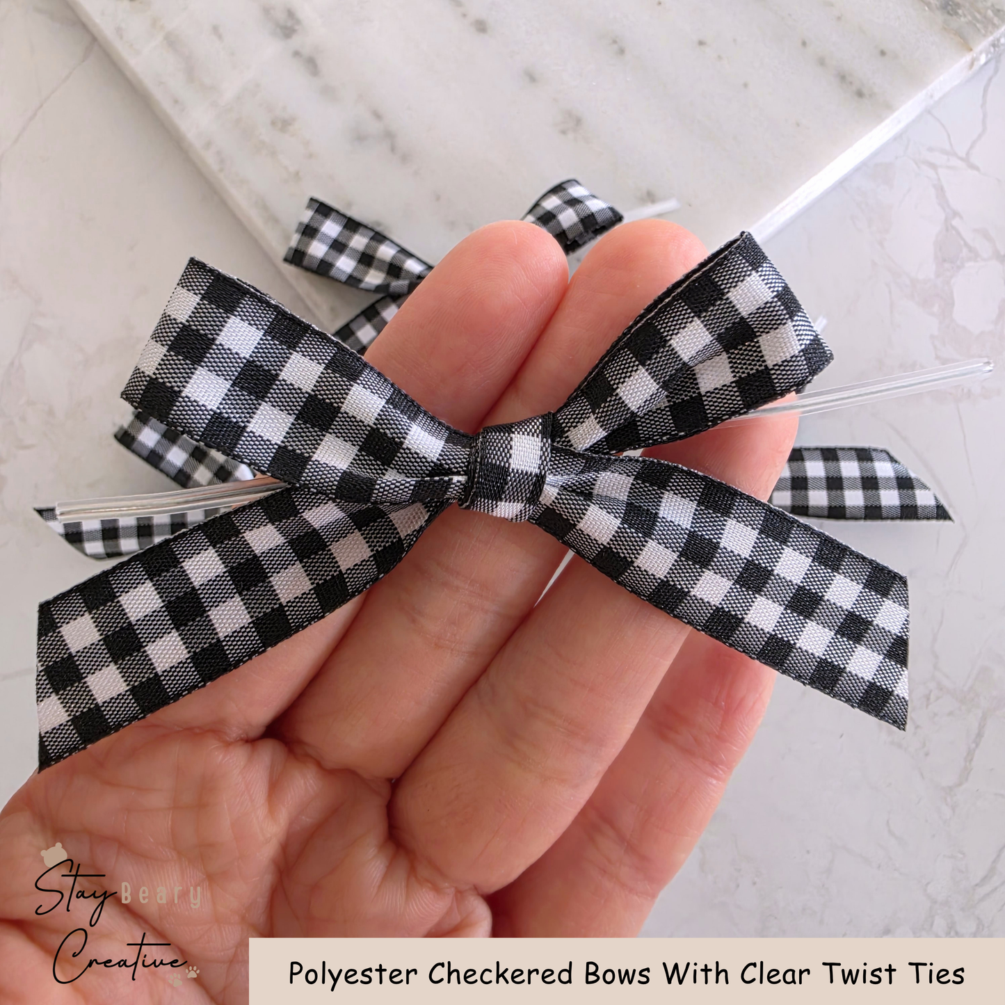 Black Polyester Checkered Bows With Clear Twist Ties - Pack of 25