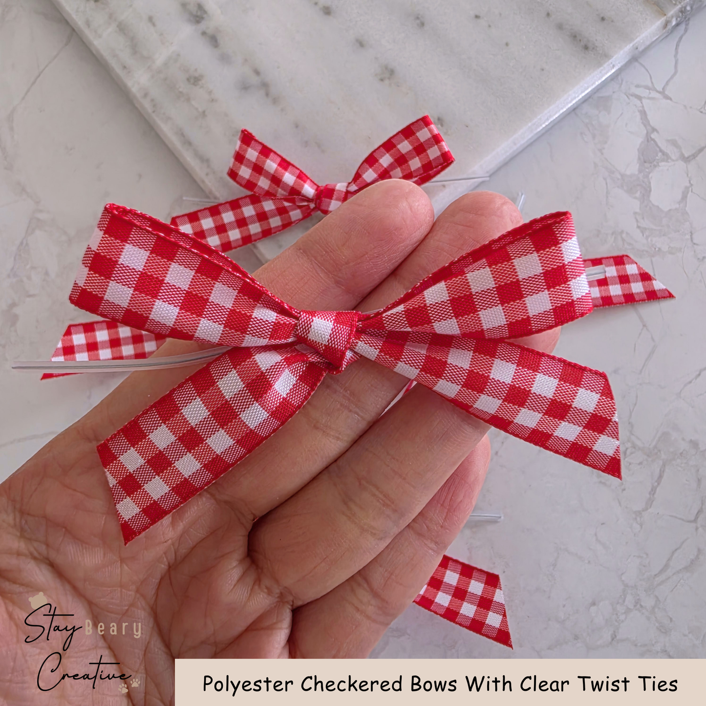 Red Polyester Checkered Bows With Clear Twist Ties - Pack of 25