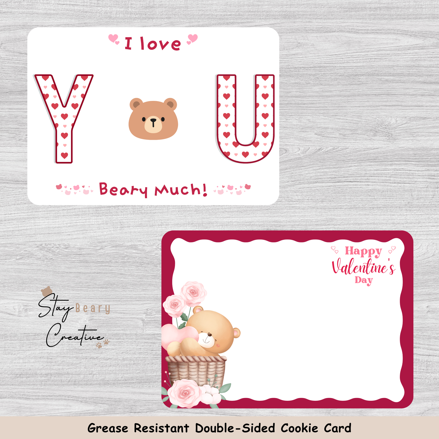 [Food Safe] I Love You Beary Much - Bear Valentine - Double Sided Designs - Horizontal Cookie Cards - 25 Pack