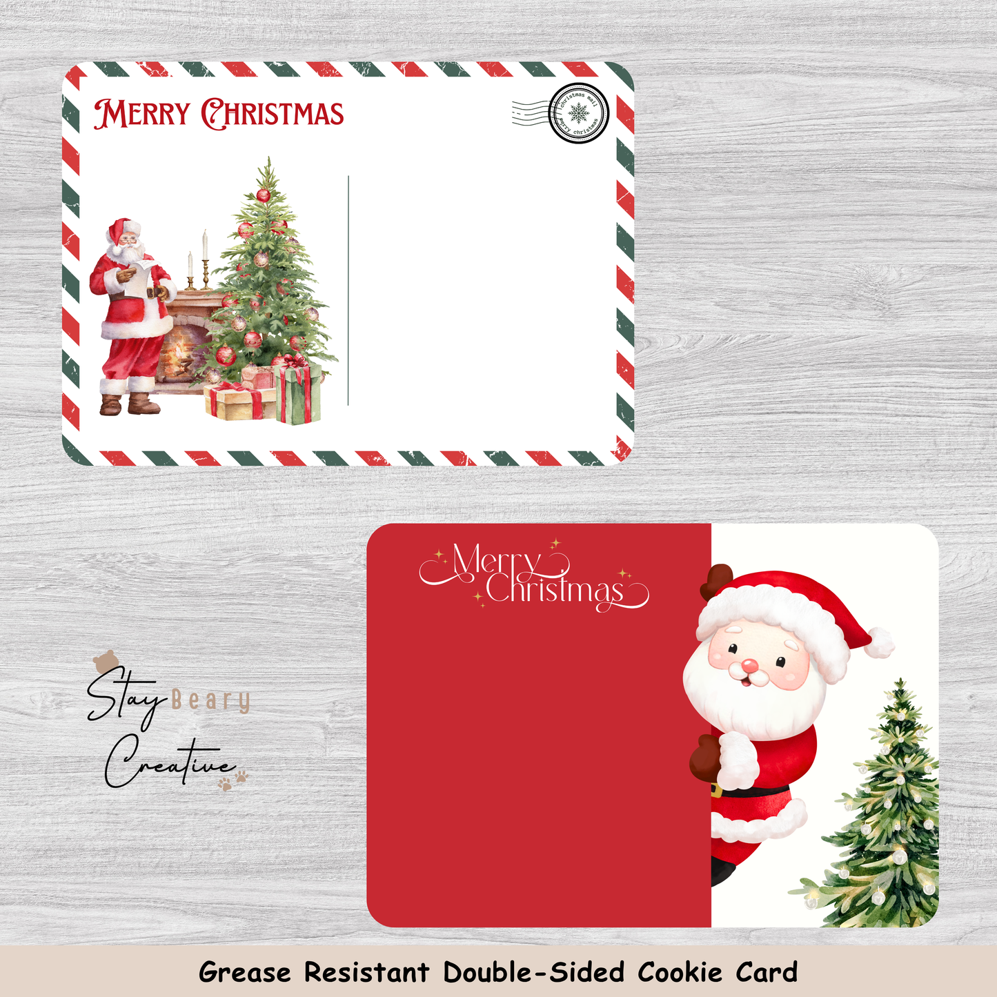 [Food Safe] Santa Clause - Merry Christmas - Double Sided Designs - Horizontal Cookie Cards - 25 Pack