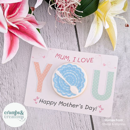 [Food Safe] Mum, I Love YOU - Blue Dot Pattern - Double Sided Designs - Horizontal Cookie Cards - 25 Pack