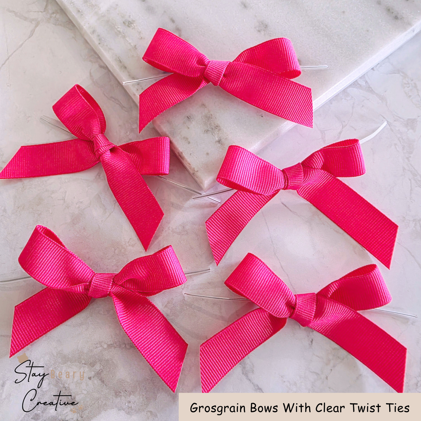 Hot Pink Grosgrain Bows With Clear Twist Ties - Pack of 25