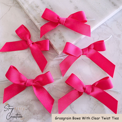 Hot Pink Grosgrain Bows With Clear Twist Ties - Pack of 25
