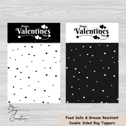 [Food Safe] Happy Valentine's Day - Black and White Hearts - Double Sided Designs - Folded Bag Toppers - 25 Pack
