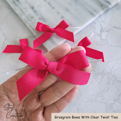 Hot Pink Grosgrain Bows With Clear Twist Ties - Pack of 25