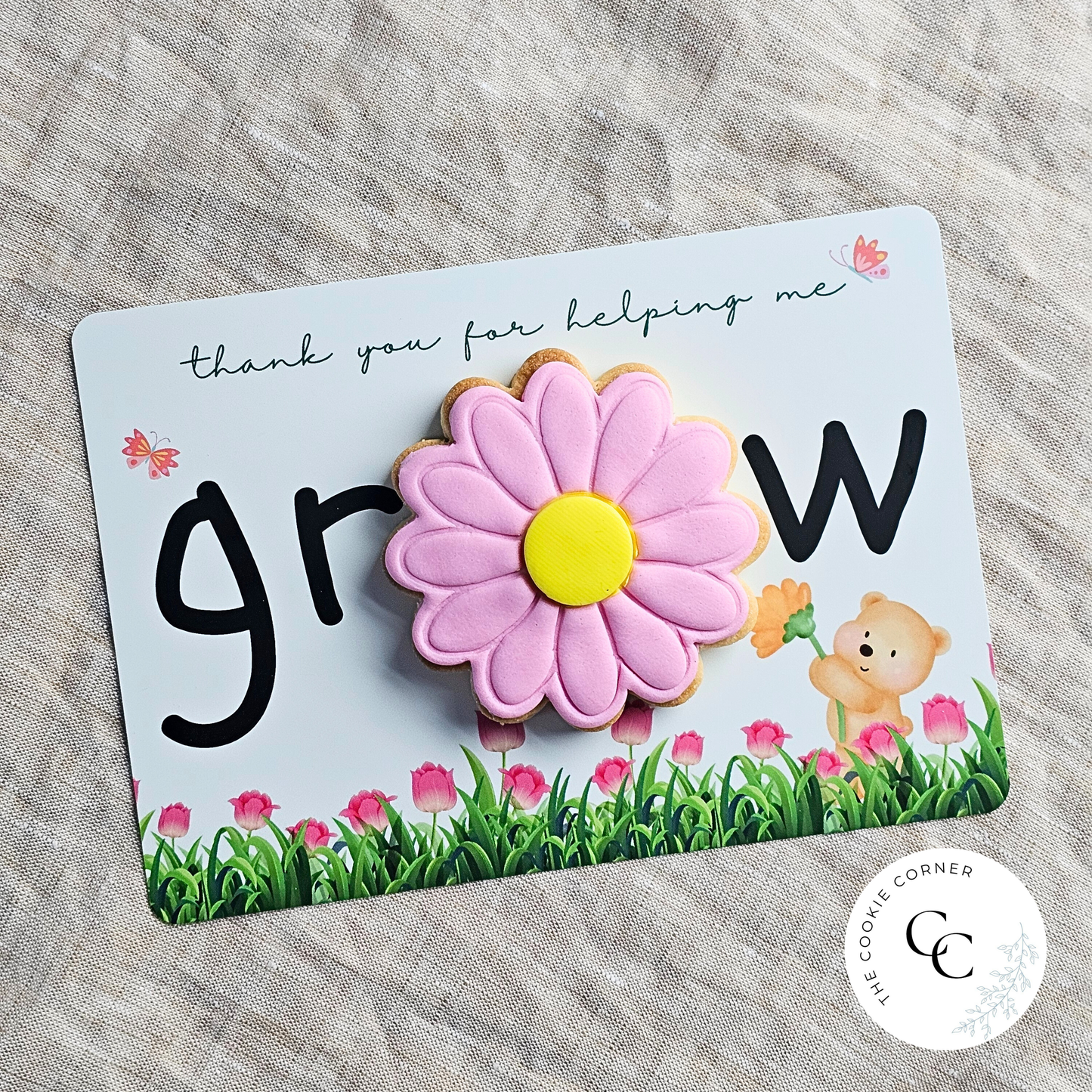 [Food Safe] Thank You For Helping Me Grow - Flower Background - Double Sided Designs - Horizontal Cookie Cards - 25 Pack