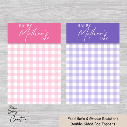 [Food Safe] Mother's Day Pink or Purple Gingham - Double Sided Designs - Folded Bag Toppers - 25 Pack