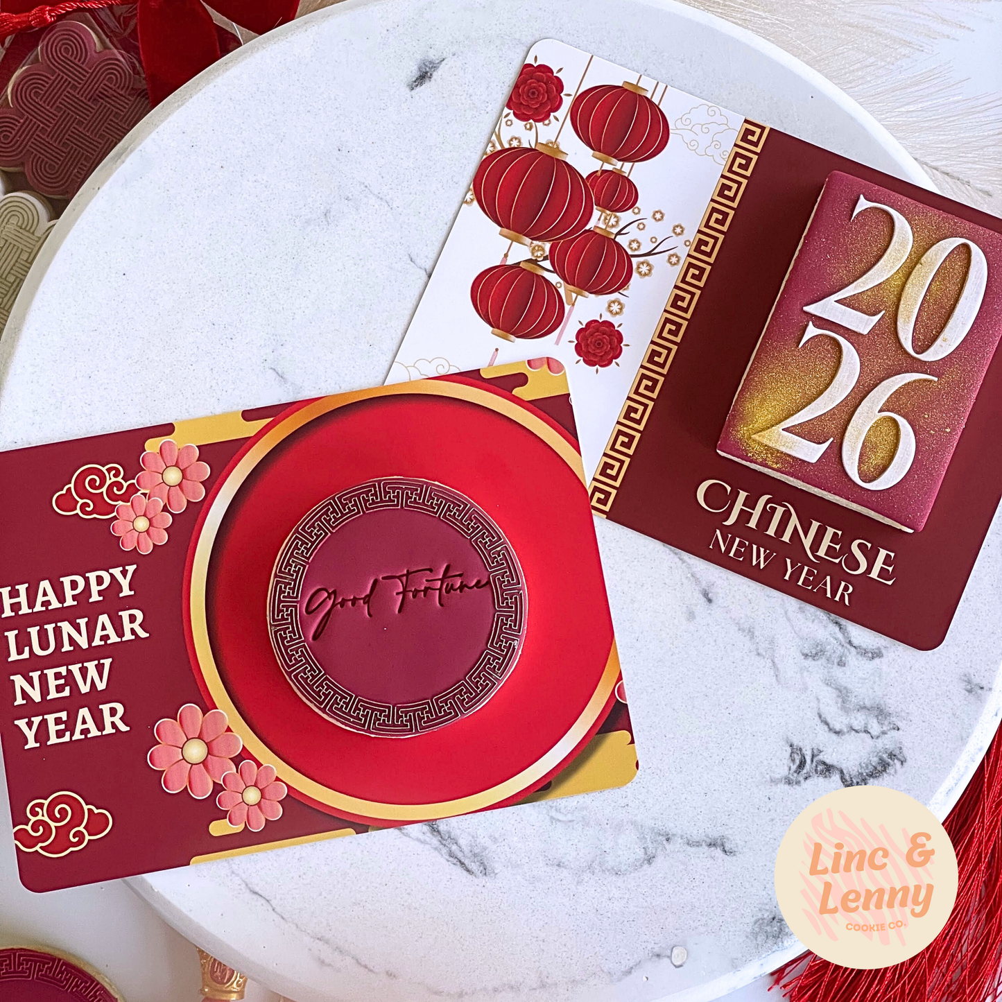 [Food Safe] Happy Lunar New Year - Lantern - Double Sided Designs - Horizontal Cookie Cards - 25 Pack