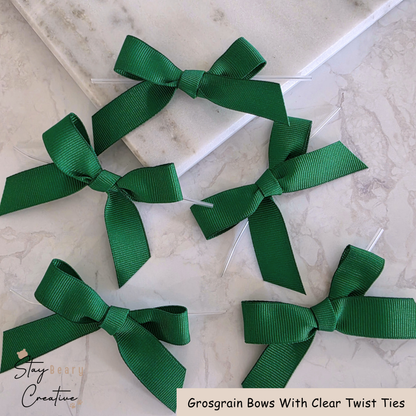 Green Grosgrain Bows With Clear Twist Ties - Pack of 25