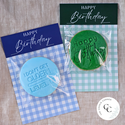 [Food Safe] Happy Birthday - Green & Blur Gingham  - Double Sided Designs - Folded Bag Toppers - 25 Pack