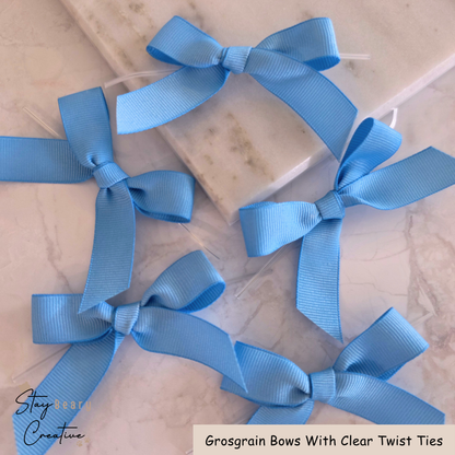 Light Blue Grosgrain Bows With Clear Twist Ties - Pack of 25