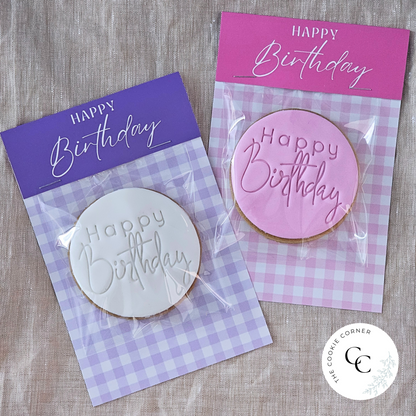 [Food Safe] Happy Birthday - Pink & Purple Gingham  - Double Sided Designs - Folded Bag Toppers - 25 Pack