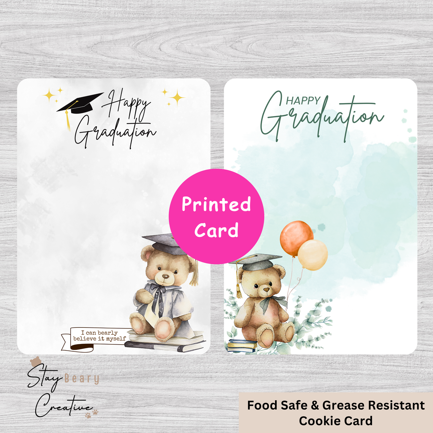 [Food Safe] Graduation Bear - Double Sided Designs - Vertical Cookie Cards - 25 Pack