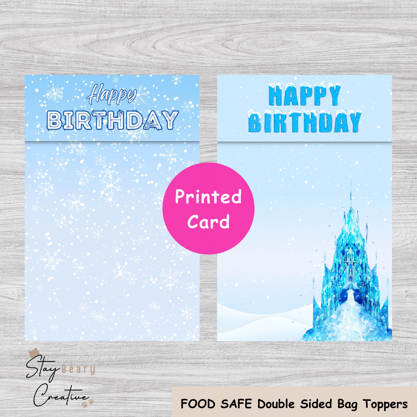 [Food Safe] Snow Birthday - Frozen Castle - Double Sided Designs - Folded Bag Toppers - 25 Pack