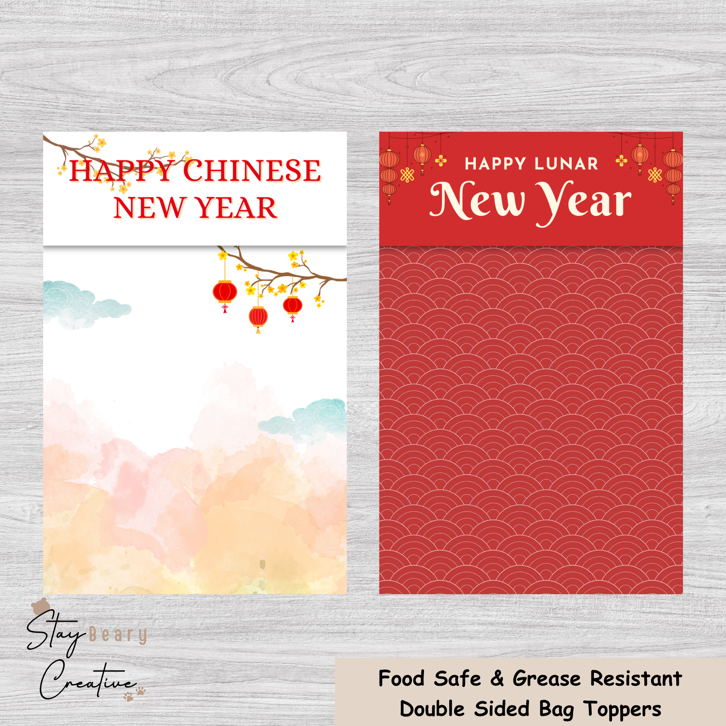 [Food Safe] Happy Chinese New Year - Double Sided Designs - Folded Bag Top pers - 25 Pack