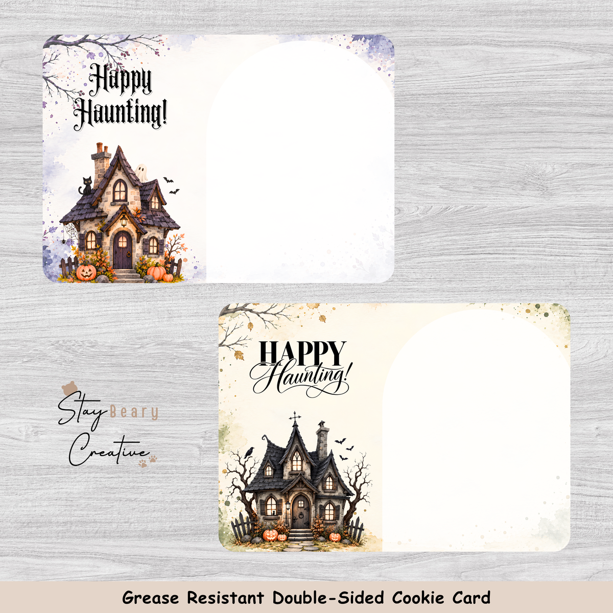 [Food Safe] Halloween Haunted House - Happy Haunting - Horizontal Cookie Cards - 25 Pack