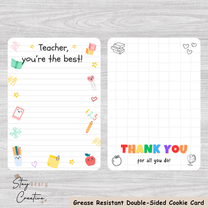 [Food Safe] Teacher You're The Best - Thank You For All You Do - Double Sided Designs - Vertical Cookie Cards - 25 Pack