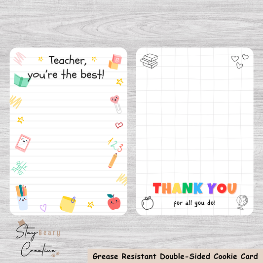 [Food Safe] Teacher You're The Best - Thank You For All You Do - Double Sided Designs - Vertical Cookie Cards - 25 Pack