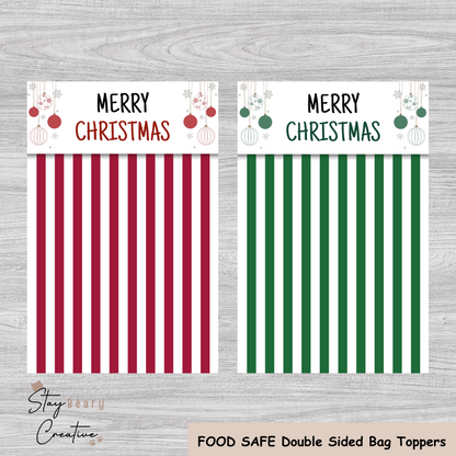 [Food Safe] Merry Christmas - Stripes - Double Sided Designs - Folded Bag Toppers - 25 Pack