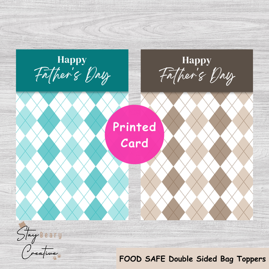 [Food Safe] Happy Father's Day - Argyle Pattern - Double Sided Designs - Folded Bag Toppers - 25 Pack