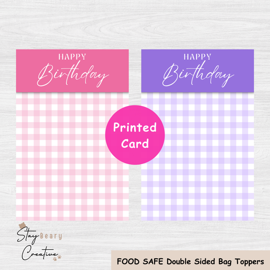 [Food Safe] Happy Birthday - Pink & Purple Gingham  - Double Sided Designs - Folded Bag Toppers - 25 Pack