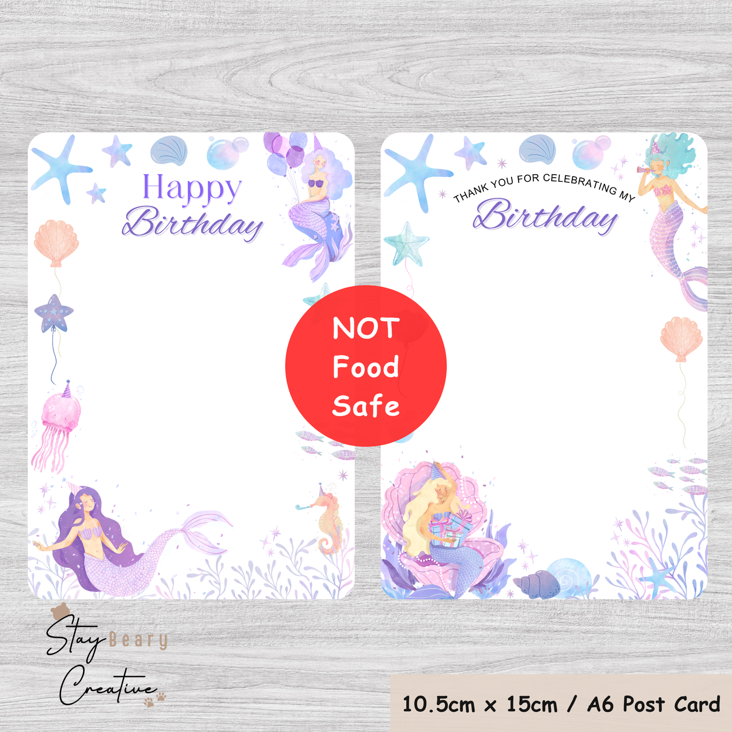[NOT Food Safe] Mermaid - Happy Birthday - Thank You - Double Sided Designs - Cookie Cards - 25 Pack