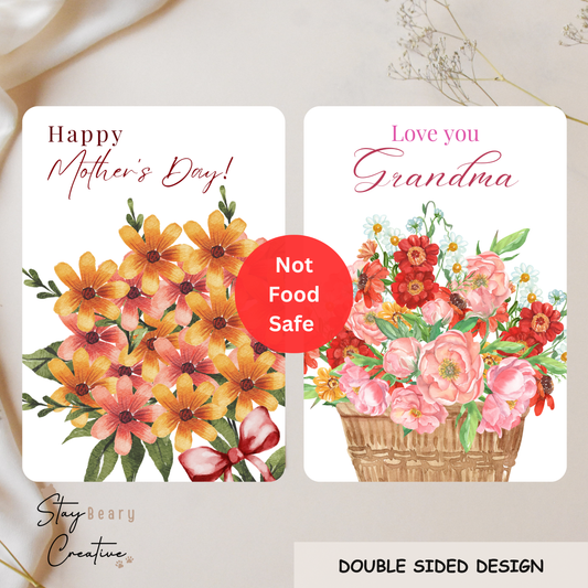 [NOT Food Safe] Flower Bouquet & Love You Grandma - Double Sided Designs - Cookie Cards - 25 Pack