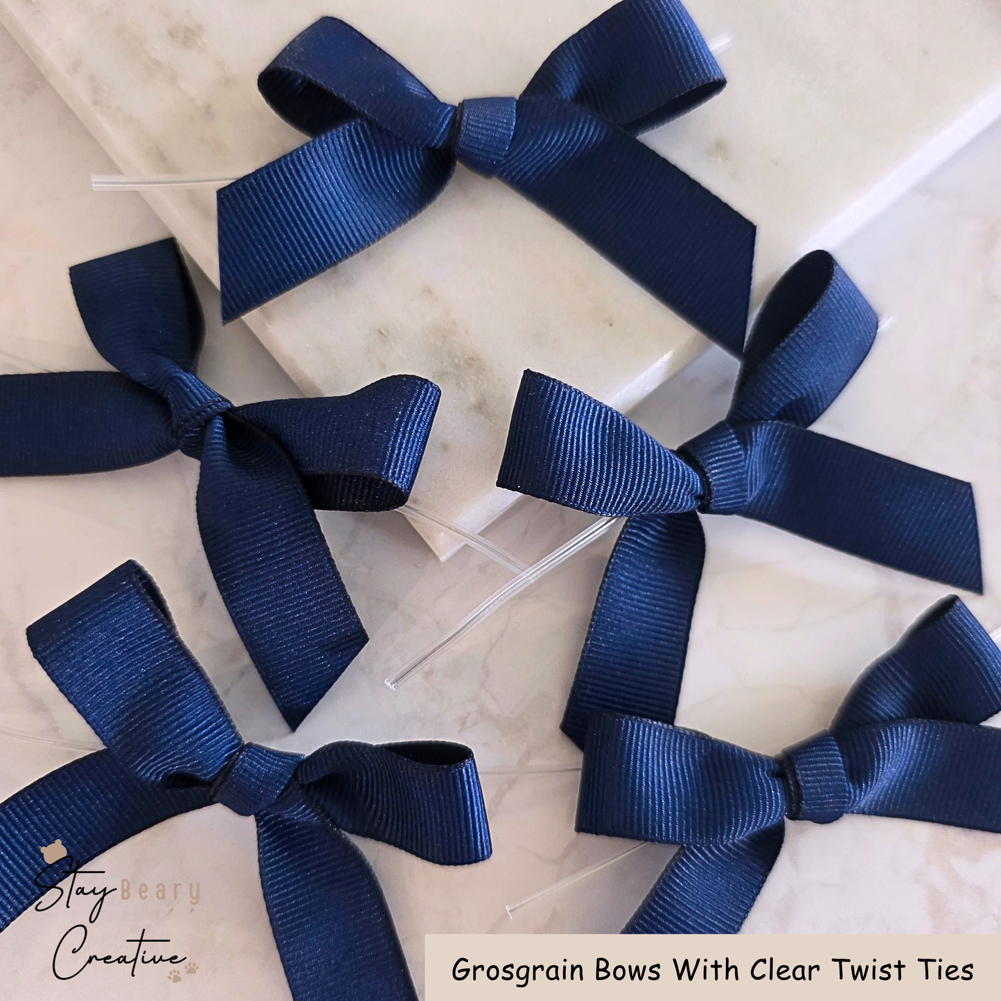 Navy Blue Grosgrain Bows With Clear Twist Ties - Pack of 25