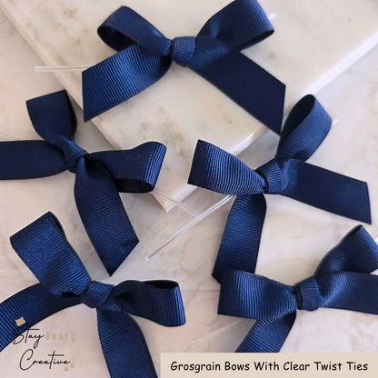 Navy Blue Grosgrain Bows With Clear Twist Ties - Pack of 25