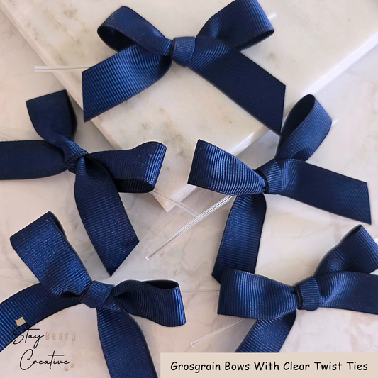 Navy Blue Grosgrain Bows With Clear Twist Ties - Pack of 25