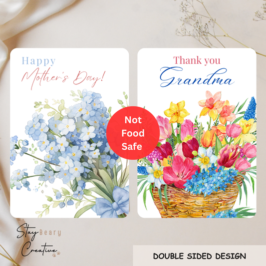 [NOT Food Safe] Flower Bouquet & Thank You Grandma - Double Sided Designs - Cookie Cards - 25 Pack
