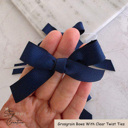 Navy Blue Grosgrain Bows With Clear Twist Ties - Pack of 25