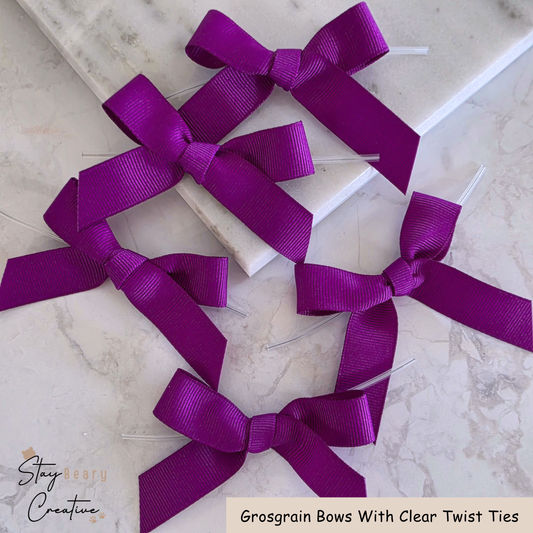 Purple Grosgrain Bows With Clear Twist Ties - Pack of 25