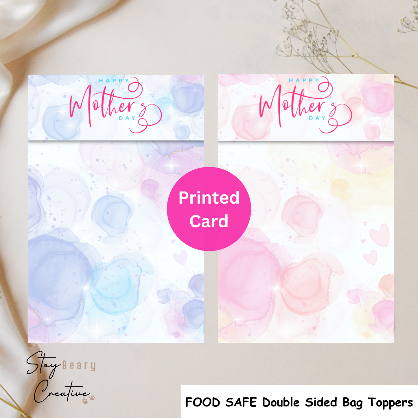 [Food Safe] Happy Mother's Day - Pink or Blue - Double Sided Designs - Folded Bag Toppers - 25 Pack