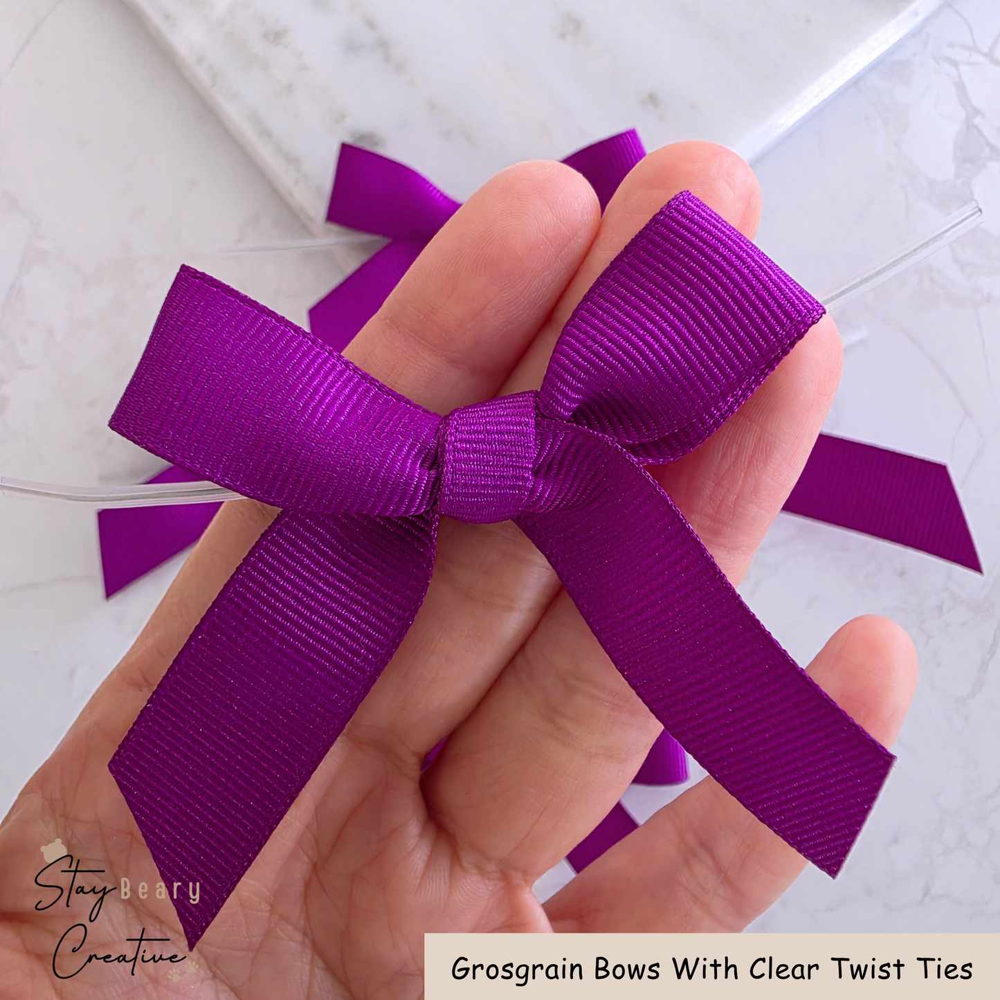Purple Grosgrain Bows With Clear Twist Ties - Pack of 25