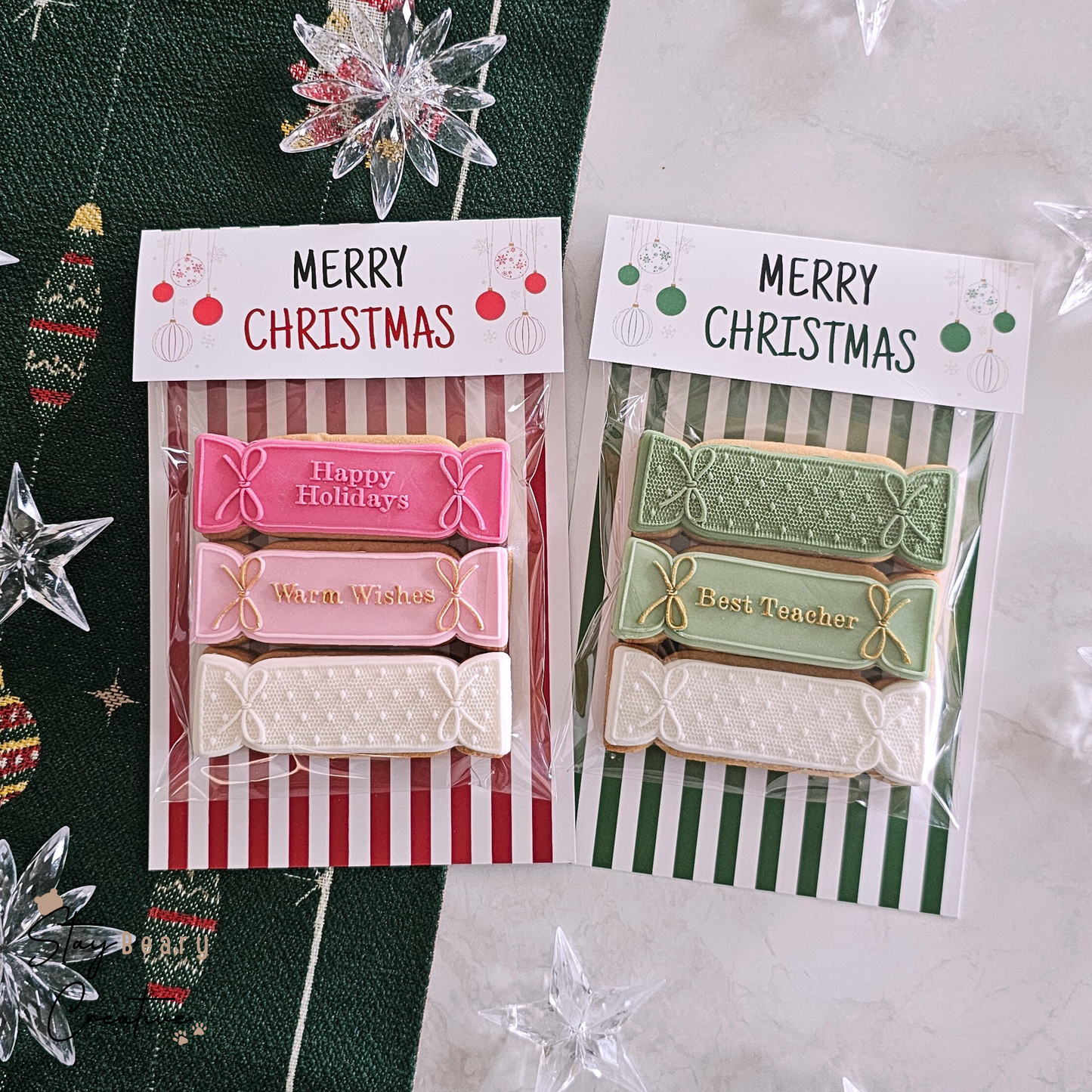 [Food Safe] Merry Christmas - Stripes - Double Sided Designs - Folded Bag Toppers - 25 Pack