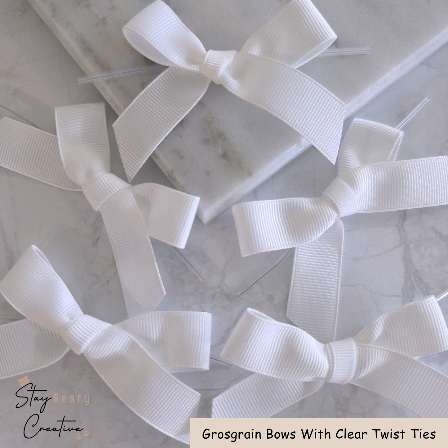 White Grosgrain Bows With Clear Twist Ties - Pack of 25