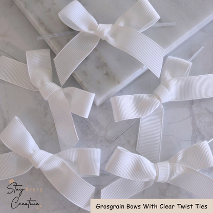 White Grosgrain Bows With Clear Twist Ties - Pack of 25