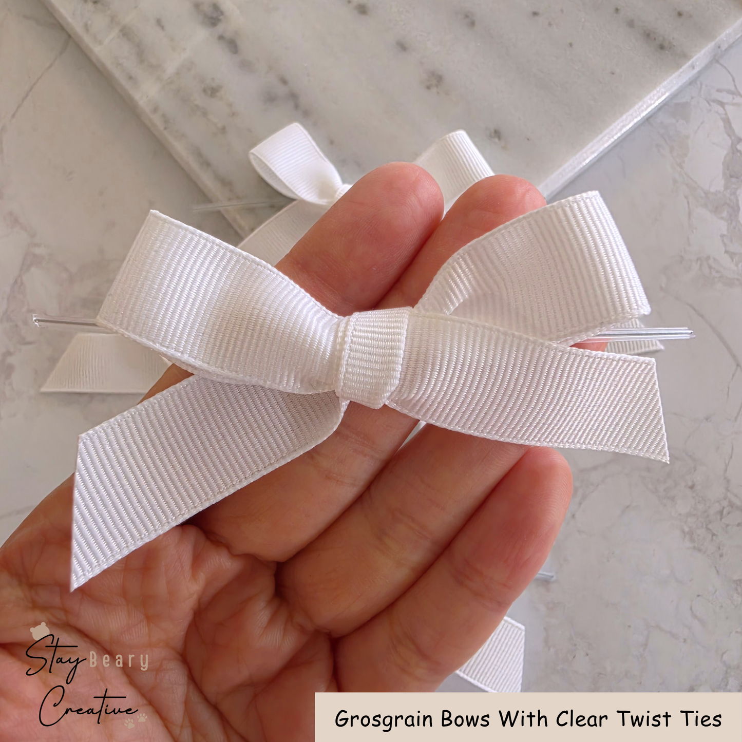 White Grosgrain Bows With Clear Twist Ties - Pack of 25