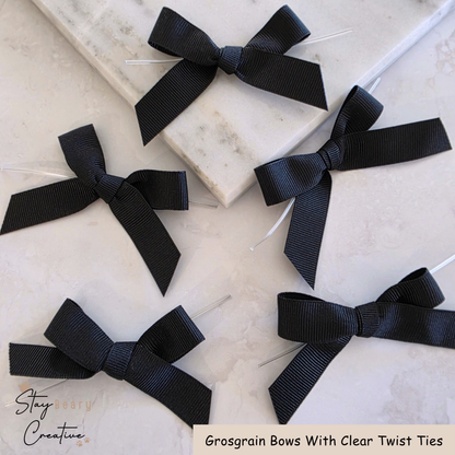 Black Grosgrain Bows With Clear Twist Ties - Pack of 25