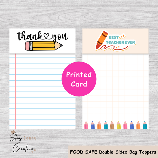 [Food Safe] Teachers - Best Teacher Ever - Thank You - Double Sided Designs - Folded Bag Toppers - 25 Pack