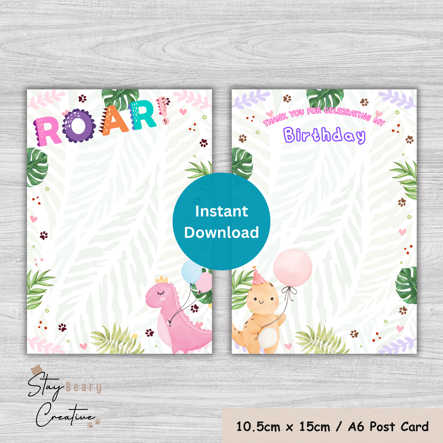 [DIGITAL] Pink Dinosaur - Roar - Happy Birthday - Thank You - Cookie Cards - 10.5cm x 15cm / A6 Post Card