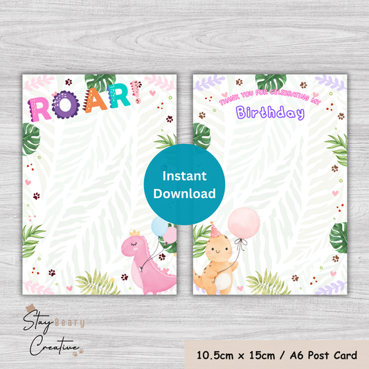 [DIGITAL] Pink Dinosaur - Roar - Happy Birthday - Thank You - Cookie Cards - 10.5cm x 15cm / A6 Post Card