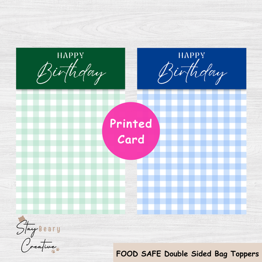 [Food Safe] Happy Birthday - Green & Blur Gingham  - Double Sided Designs - Folded Bag Toppers - 25 Pack