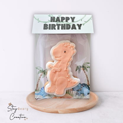 [Food Safe] Dinosaur - Happy Birthday - Double Sided Designs - Folded Bag Toppers - 25 Pack