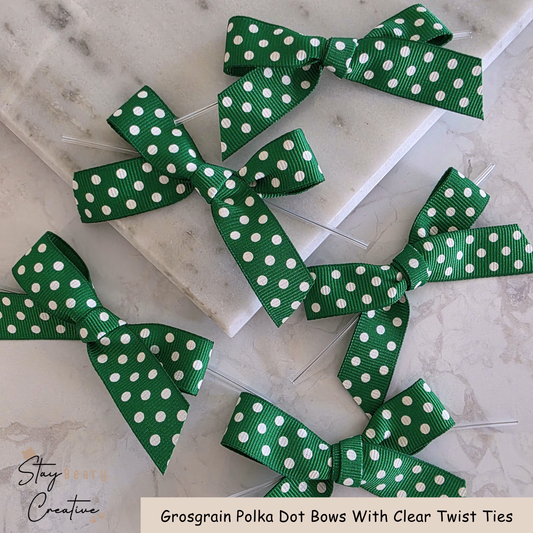 Green Grosgrain Polka Dot Bows With Clear Twist Ties - Pack of 25