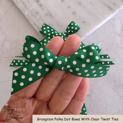 Green Grosgrain Polka Dot Bows With Clear Twist Ties - Pack of 25